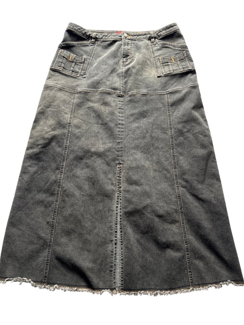 Vintage Gray Denim Midi Skirt With Frayed Hem Dual Back Pockets Size US 18 / UK